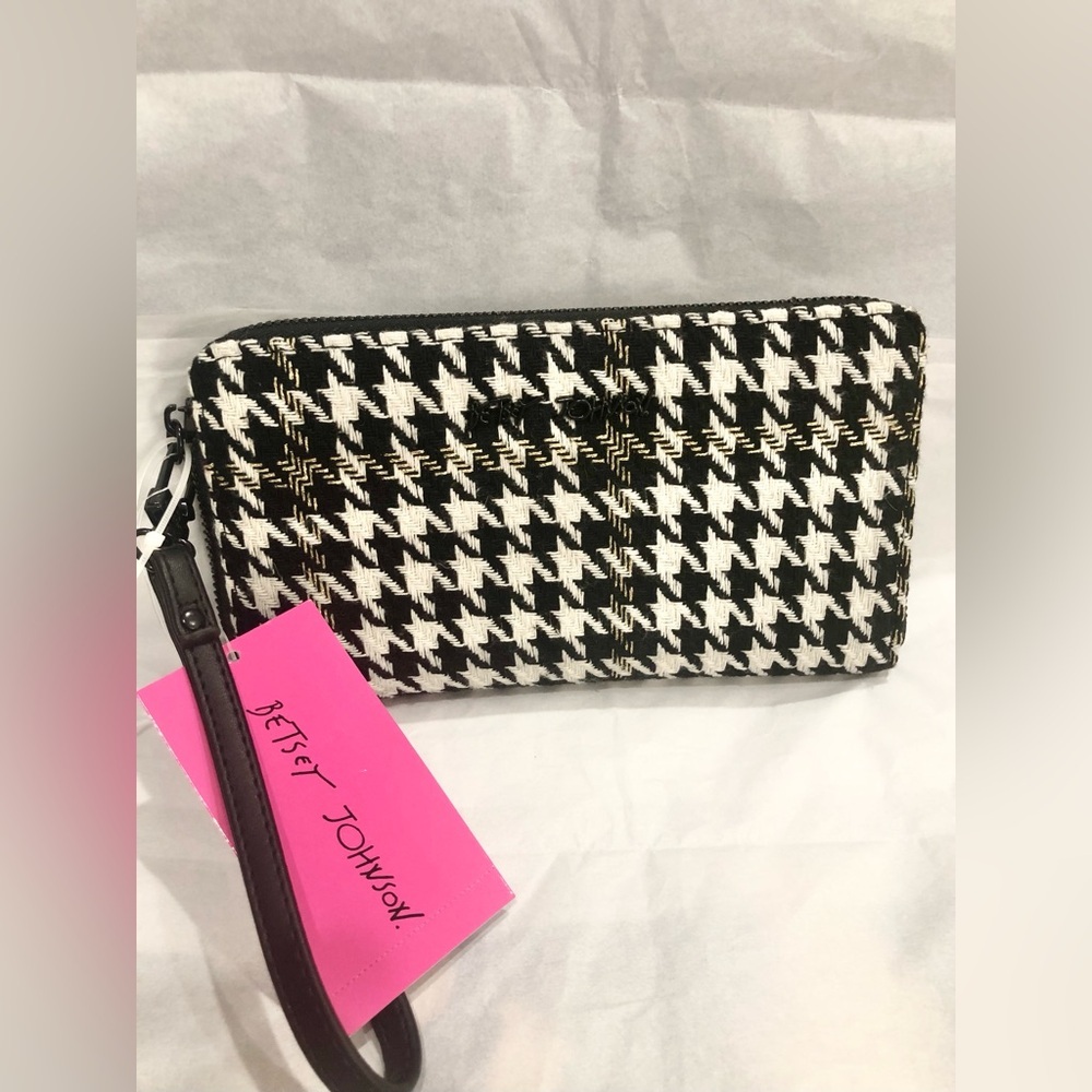 Betsey Johnson black white gold foil thread houndstooth wallet‎ clutch new